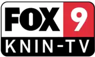 A white rounded rectangle divided into three parts. The top left, the largest, contains the Fox network logo in black. The top right contains a white 9 on red. The bottom, running across, has the white letters K N I N - T V.