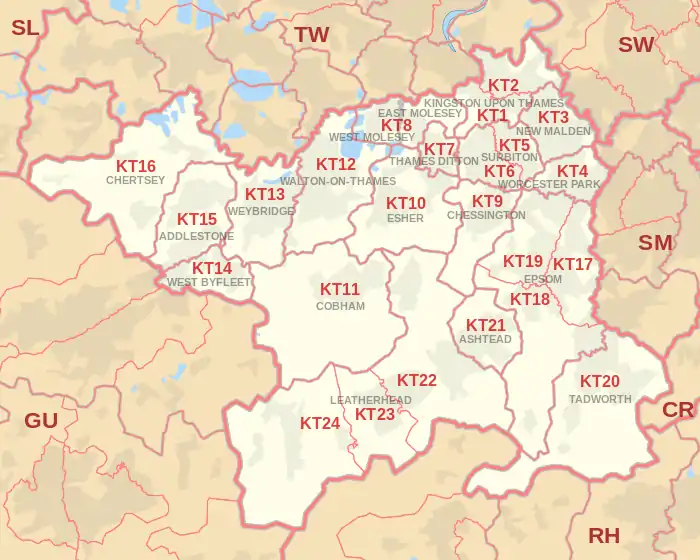 KT postcode area map, showing postcode districts, post towns and neighbouring postcode areas.