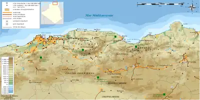 Topographic map of Kabylie with the Petite Kabylie located by the Babor Range.