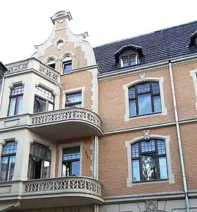 Detail of the balcnies, terraces and left gable