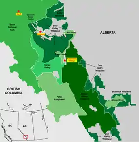 Map showing the location of Elbow-Sheep Wildland Provincial Park