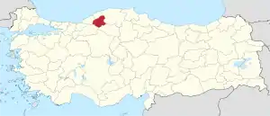 Karabük highlighted in red on a beige political map of Turkeym