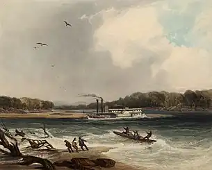 color painting of boats in river