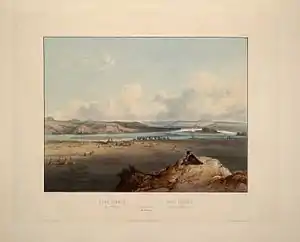 Painting of a fort surrounded by tepees on the bank of a river curving around a series of bluffs