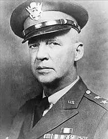 Black and white head and shoulders portrait of Major General Karl Truesdell in dress uniform and cap, circa 1944