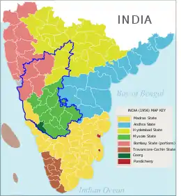 Map of south India, with the districts of modern-day Karnataka highlighted