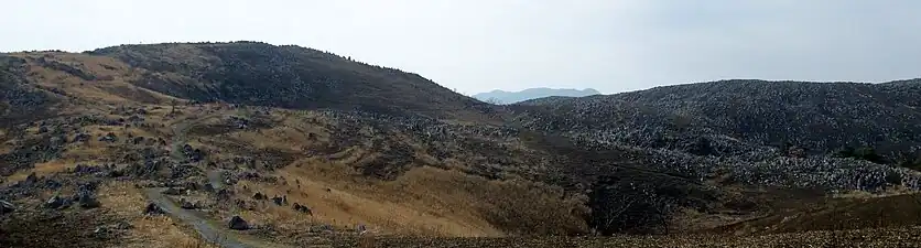 Landscape of brown hills with many scattered rocks.