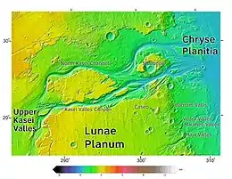 Area around Northern Kasei Valles, showing relationships among Kasei Valles, Bahram Vallis, Vedra Valles, Maumee Valles, and Maja Valles.  Map location is in Lunae Palus quadrangle and includes parts of Lunae Planum and Chryse Planitia.  These river valleys once carried water to Chryse Planitia, a low area.