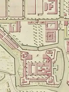 Batavia Castle in 1762 when the land-side wall had been opened toward the Kasteelplein.