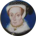 Katherine Brydges, Lady Dudley by Levina Teerlinc, c. 1560. A courtier to both Mary I and Elizabeth I. The daughter of John Brydges, 1st Baron Chandos and the wife of Edward Sutton, 4th Baron Dudley