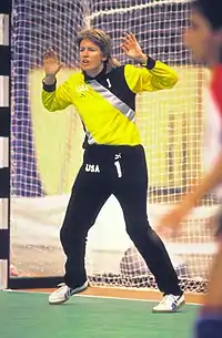 Kathy Callaghan in the goal at the 1987 Pan American Games