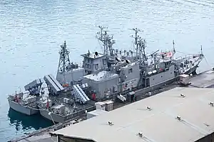 Two vessels of the Ching Chiang class at Keelung, Taiwan. The vessel on the left is armed with Hsiung Feng III