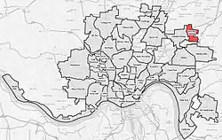 Kennedy Heights (red) within Cincinnati, Ohio