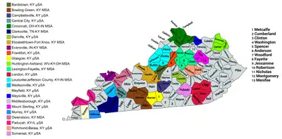 Map of the 25 core-based statistical areas in Kentucky.