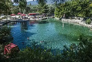 Bathers in a large outdoor pool