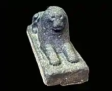 Lion inscribed with the name of the Hyksos ruler Khyan, found in Baghdad, suggesting relations with Babylon. The prenomen of Khyan and epithet appear on the breast. British Museum, EA 987.