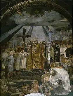 another photo of a painting by Viktor Vasnetsov of mass baptism of Kiev's inside a chapel