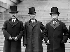 Left to right; Baron Kijuro Shidehara, Admiral Katō Tomosaburō, Prince Iesato Tokugawa on 3 November 1921, to attend the Washington Naval Conference.