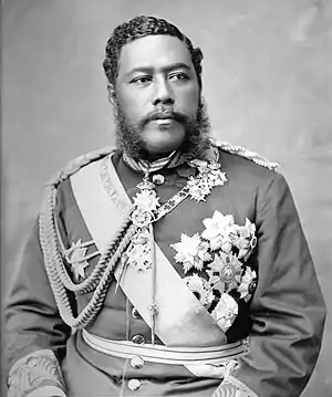 posed shot of a man facing somewhat to viewer's right. He has black hair and beard, and wears a military uniform with many decorations.