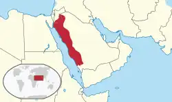 Kingdom of Hejaz (red) within modern-day Saudi Arabia and Jordan