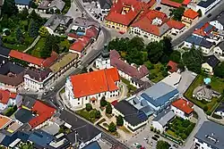 Aerial view of the church and town hall