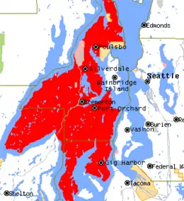 Map of Puget Sound area with Yukon Harbor due south of Bainbridge Island and off the Kitsap Peninsula