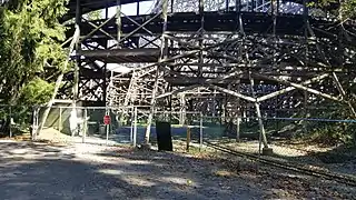 The Pioneer miniature train passes under Twister's structure twice