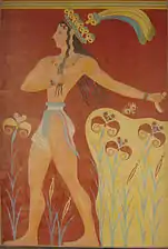 A restored mural, called The Prince of Lilies, from the Bronze Age Palace of Minos at Knossos on Crete