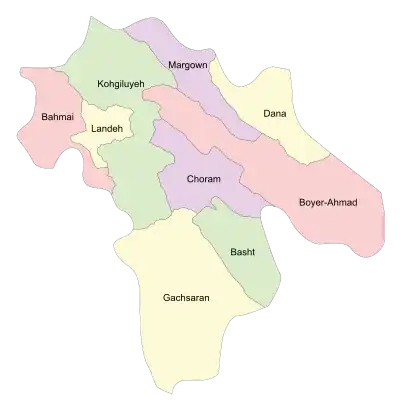 Location of Boyer-Ahmad County in Kohgiluyeh and Boyer-Ahmad province (right, pink)