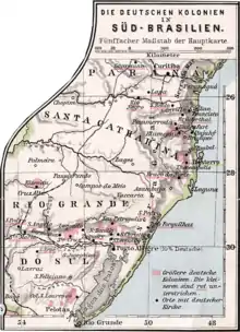 German settlement in Southern Brazil. Major places in red and black spots for towns with German churches.