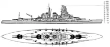 an American intelligence drawing of Haruna from the starboard side, giving particular shaded emphasis to her main and secondary guns