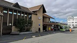 Two-story building with gabled roof