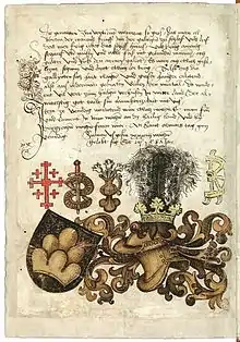 Example of burgher arms at the end of the medieval period, Conrad Grünenberg (1487) shows his arms of two green trimounts along with the emblems of the "orders" for which he acquired a claim to membership on his pilgrimage to Jerusalem, the Jerusalem cross for the Order of the Holy Sepulchre, the sword and scroll of the Order of the Sword, the vase with flowers emblem of the Order of the Jar and the half-wheel of Saint Catherine.