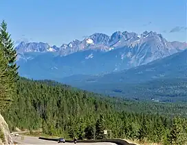 Distant view looking north at Mt. Verendrye (center)