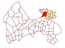 Location on the map of Vantaa, with the district in red and the major region in light brown