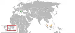 Map indicating locations of Kosovo and Malaysia