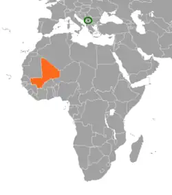 Map indicating locations of Kosovo and Mali