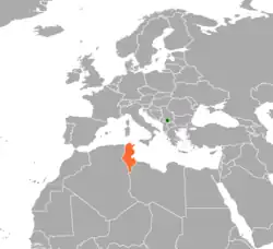 Map indicating locations of Kosovo and Tunisia