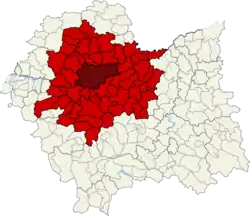 Dark red - Kraków city, red - surrounding powiats