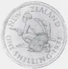 A rough sketch of a coin design, featuring a crouching Māori warrior, shirtless with a piupiu skirt, holding a taiaha war staff. Above him is written "NEW ZEALAND", below "ONE SHILLING, 1933".