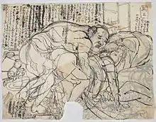 Ink drawing of a man and woman enjoying sex.