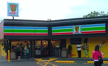 A building with striped lines across it, some people stand in front of it