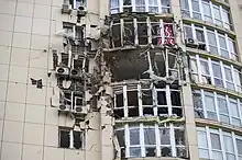 Residential building in Kyiv damaged by downed Russian drone, 8 May 2023