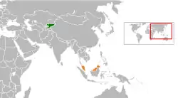 Map indicating locations of Kyrgyzstan and Malaysia