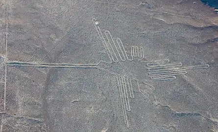 The Hummingbird, one of the Nazca Lines (Nazca); c.200 BC-600 AD; rocks, gravel and dirt; length: 50 m; Nasca and Palpa Provinces (Peru)