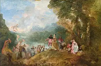 The Embarkation for Cythera; by Jean-Antoine Watteau; 1718; oil on canvas; 1.29 x 1.94 m; Schloss Charlottenburg