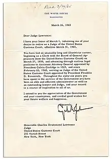 1965 acceptance of resignation letter from Lyndon Baines Johnson, US President, to Judge Charles Drummond Lawrence