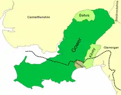 Map of the Lordship, showing the area detached (Betws), the area added (Kilvey Lordship) and the Town and Franchise of Swansea. The language boundary is shown as a dotted line.