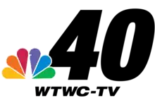 The NBC peacock next to a bold italicized large 40 with the call letters W T W C - T V in a bold italic wide sans serif below.