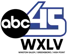 A white, somewhat futuristic 45 in white with blue trim with the ABC logo to the left, and beneath, the call sign W X L V - T V. Beneath that is a listing "Winston-Salem/Greensboro/High Point".